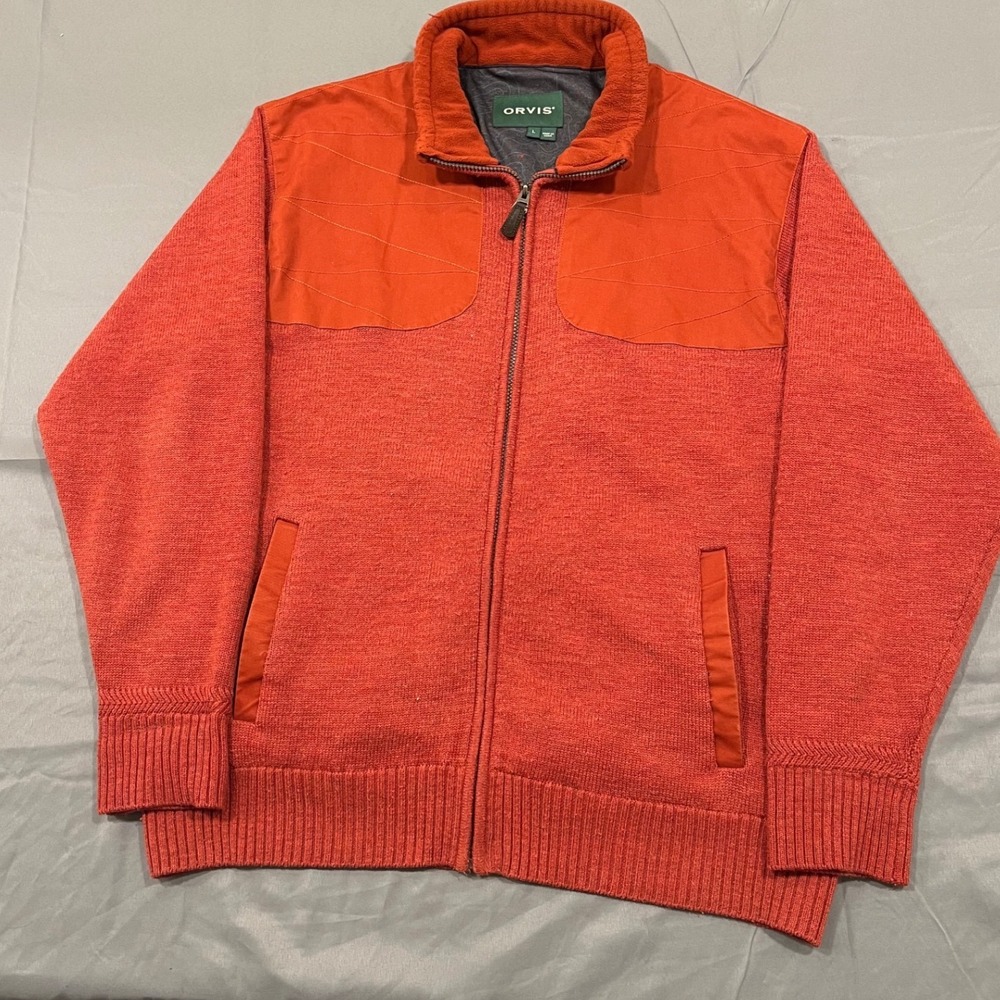 Orvis Mens Large Orange Wool Blend Full Zip Shooting Sweater Jacket Field Gear